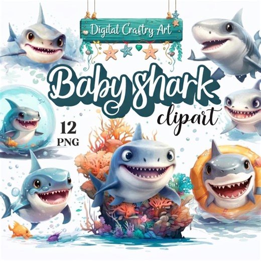 Baby Shark Clipart Bundle – 12 PNG Cute Shark Graphics, Ocean Nursery Art, Kids Underwater Animals, Printable Shark Illustration Set - Etsy