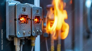 Electrical outlets emit a bright glow and sparks while flames begin to flicker, highlighting a potential hazard in a residential area.