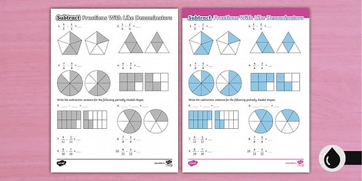 Subtract Fractions With Like Denominators and Models Activity