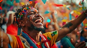 A football fan with their face painted in World Cup colors binds football fans together. Awed spectators record moments and matches.
