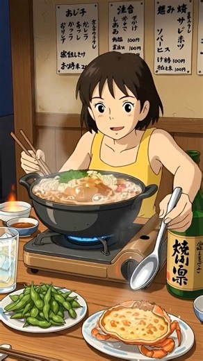[ASMR] Cozy Ghibli Izakaya: Bubbling Nabe & Refreshing "Kyaa!" 🥘