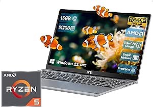 NIMO 15.6 Laptop Full HD Laptop AMD Ryzen 5(Beat i3-1215U), 16GB RAM 512GB SSD Windows 11 Laptop for Student and Business, Laptop Computer with 54Wh Battery Fingerprint Login Webcam Backlit Keyboard