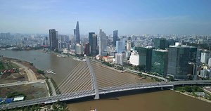 Aerial of the bridge over the Saigon River in downtown Ho Chi Minh City, Vietnam