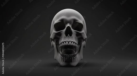 Realistic Human Skull Front View with Wide Open Mouth on Stark Dark Grey Background