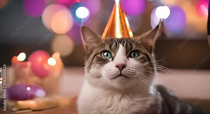 Happy cat in a birthday hat.