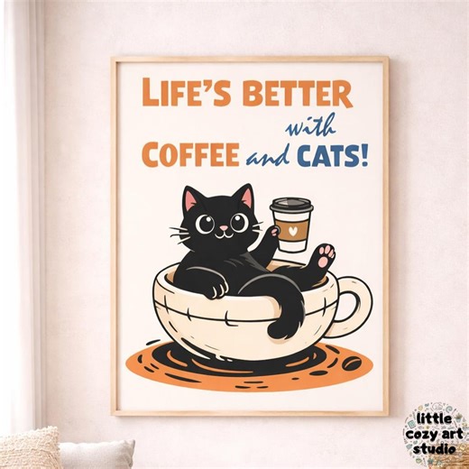 Funny Cat Coffee Art Print, Playful Home Decor (digital Download) - Etsy