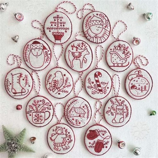🤩Stitch up 14 Redwork Christmas ornaments to decorate your holiday tree! 🎄This Hand Embroidery Christmas Ornaments kit makes it easy to create your own Christmas party. | Friendlyk.DF18