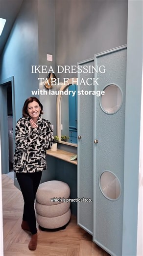 Kate Hewitt on Instagram: "IKEA Hack: Stylish & Functional Dressing Area 💙✨ How I transformed a narrow space into a dreamy dressing area using the New IKEA Nysjön cabinets—here’s how! Materials Used: ✅ IKEA Nysjön Laundry Cabinet & High Cabinet ✅ Wallpaper @bandq_uk GoodHome Kerria White Leaves ✅ Mod Podge ✅ Moulding Trim ✅ Wood Filler & Caulk ✅ Sandpaper ✅ Primer & Paint ✅ Scrap Wood (for tabletop) ✅ Frenchic Paint in Creme de la Crème + Browning Wax Step-by-Step: 1️⃣ Assemble & Secure the cab