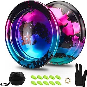 FETESNICE 1.No Professional Yoyo for Adults - Responsive & Unresponsive Metal Yoyo Set for Beginners & Advanced Players, Includes 10 Strings, Glove, and Carry Bag (Black, Blue, Pink)