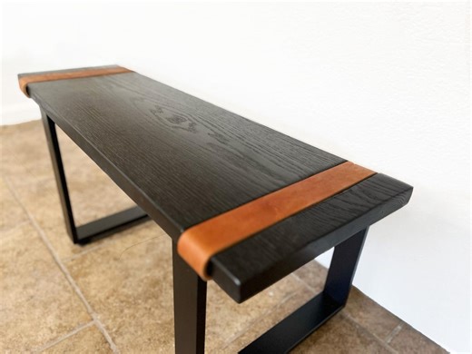 Black Solid Oak Wood Bench W/ Leather Straps, Modern Entryway Bench, Foyer, Bedroom, End of Bed, Red Oak, Metal U-shape, Mudroom Bench - Etsy