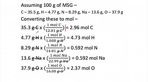 MSG Monosodium glutamate, known as MSG, is sometimes added to food to enhance flavor. Analysis determined this compound to be 35.5% C, 4.77% H, 8.29% N, 13.6% Na, and 37.9% O. What is its empirical formula? | Numerade