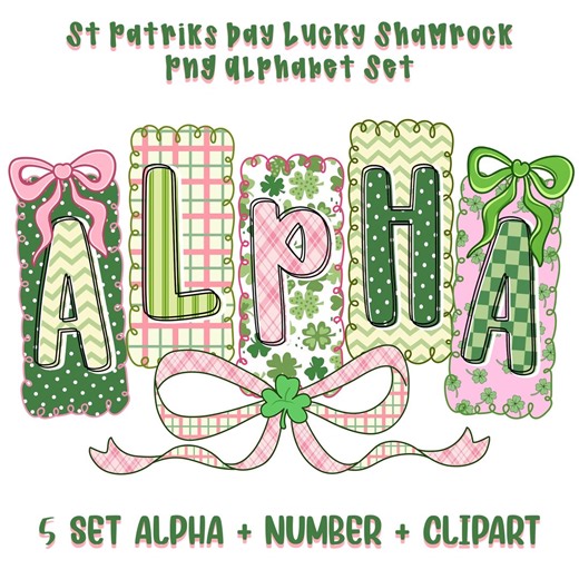 St Patrick’s Day Alphabet PNG Clipart Set With Shamrock Letters Numbers and Green Pink Bow Designs for Sublimation Crafts - Etsy