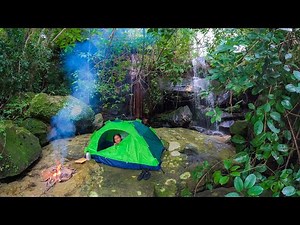 Girl Living Off Grid, Solo Camping Near The Waterfall in Deep Jungle