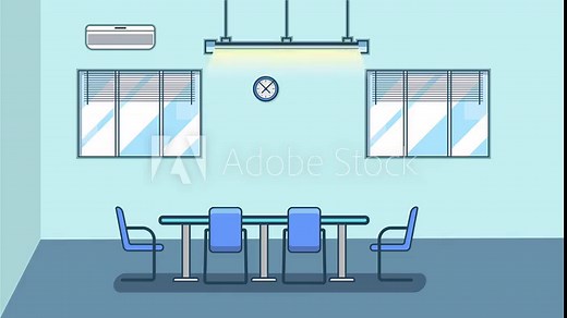 animated cartoon videos, animated videos depicting the concept of a meeting room for office workers. Meeting room complete with long table, lots of chairs, air cooler, and other interiors.