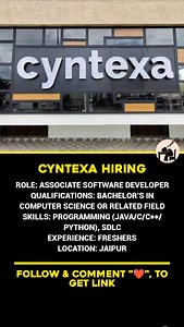 105 reactions · 11 comments |  Company: Cyntexa  Role: Associate Software Developer  Location: Jaipur  Qualifications: Bachelor’s in Computer Science or related field 易 Experience: Freshers  Skills Required: • Programming (Java / C / C++ / Python) • SDLC • IDEs • Version Control • Testing Frameworks #Cyntexa #Hiring #Freshers #SoftwareDeveloper #JaipurJobs #TechCareers | BackBencher Buzz | Facebook