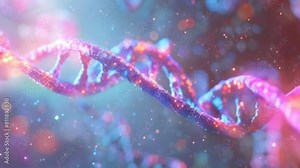 Colorful DNA strand, glowing with blues, pinks against a dark, nebulous background. Vsual represents intricate details genetic material, symbolizing scientific discovery, exploration of human genetics