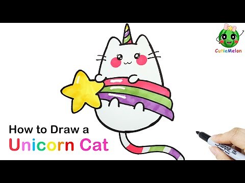 兒童簡筆畫獨角獸貓咪How to Draw a Unicorn Cat Holding Star！ Easy and Cute Drawings for kids【西瓜寶寶學畫畫學英語】兒童繪畫教程