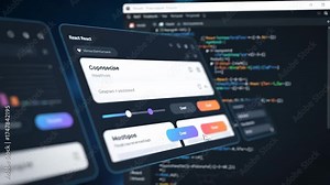 A digital interface displays code with colorful data charts, where code and graphics interact dynamically. The interface highlights code lines and visual graphics together.