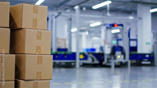 Cardboard box stack in distribution center warehouse. Automated logistics system for shipping and delivery. Industrial storage facility with storage container for retail supply chain and inventory
