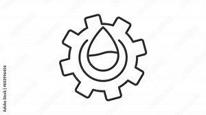 Wastewater industry line animation. Waterdrop sanitation animated icon. Water floating, gear rotating. Black illustration on white background. HD video with alpha channel. Motion graphic