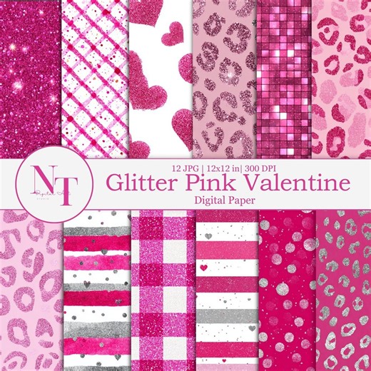 Pink Glitter Valentine Digital Paper, Heart Leopard Print Patterns, Pink Plaid Buffalo Check, Seamless Scrapbook Paper, Girly Glam Disco - Etsy