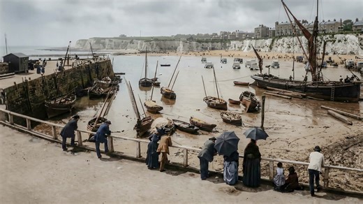 Broadstairs, Kent. 130 Years ago! Just next door to #Margate, is another seaside resort of Thanet and East Kent, Broadstairs. *A view near the pier across to the beach. *Victorian children pose for a photograph under York Gate. *Ladies walking down to the sands in the 1890's. *The water is cold! A paddle on Broadstairs Sands. *A lazy Sunday morning by the Jubilee Clock. (Individual original photographs have been colourised and then animated to then produce this collated video. It is therefore pu