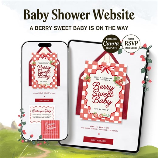 Strawberry Baby Shower Website Template, Berry Sweet Theme, Editable Canva Invite With RSVP - Etsy