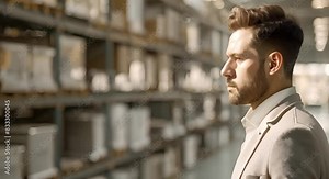 A man in a business suit posing in a warehouse. Concept Fashion Photography, Industrial Setting, Business Attire, Warehouse Photoshoot