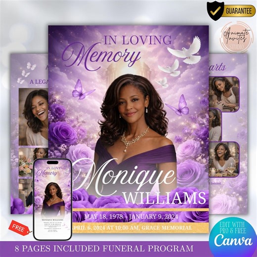 Purple Roses Funeral Program Template, 8 Pages Celebration of Life Heaven, Obituary Bi-fold Brochure (canva Template, Digital Download) - Etsy