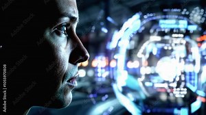 A human gazing intensely at a holographic display, symbolizing advanced technology and futuristic concepts. The image conveys innovation, focus, and the integration of technology with human interactio