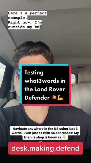 JR Garage tests what3words in the #LandRoverDefender 🚘 #cars #App #cargadgets #carlover #HowTo #TIL #LandRover #CarTech @landrover