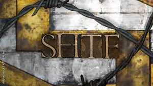 SHTF text formed with real authentic typeset letters on vintage textured grunge copper background with animated rain and digital glitches