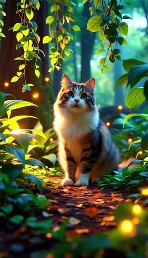A curious cat, watching glowing fireflies in a 3D fantasy forest clearing, rendered in photorealisti