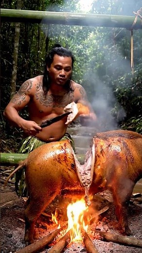 Giant Wild Boar Roasted by Tribal Man | Primitive ASMR Jungle Cooking
