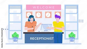 Illustration of a friendly receptionist assisting a visitor at a welcome desk in a modern office environment