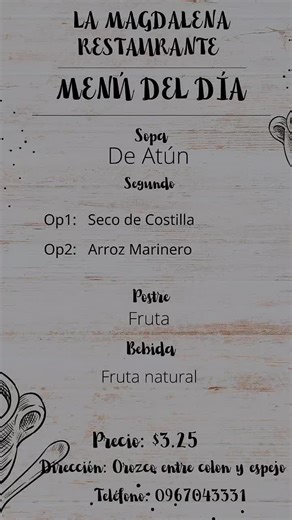 Magdalena Magdalena Restaurante💓 Menú 📌 Viernes,09 de enero de 2026 Orozco entre (Colón y Espejo) 📱 096 704 3331 Riobamba - Ecuador 🇪🇨 #Riobamba #emergencias #PenipeRaízYTradición