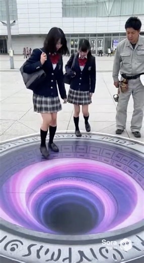 地面に現れた異次元の穴！？女子高生が吸い込まれるトリックアート映像が凄すぎる #sora #トリックアート #異次元危機 #ai動画