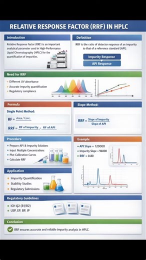 Modukuri Gopi on Instagram: "RELATIVE RESPONSE FACTOR (RRF) IN HPLC 1. Introduction Relative Response Factor (RRF) is an important analytical parameter used in High-Performance Liquid Chromatography (HPLC) for the quantification of impurities. 2. Definition Relative Response Factor (RRF) is defined as the ratio of detector response per unit concentration of an impurity to that of a reference standard (API). 3. Need for RRF - Different UV absorbance of compounds - Accurate impurity quantification