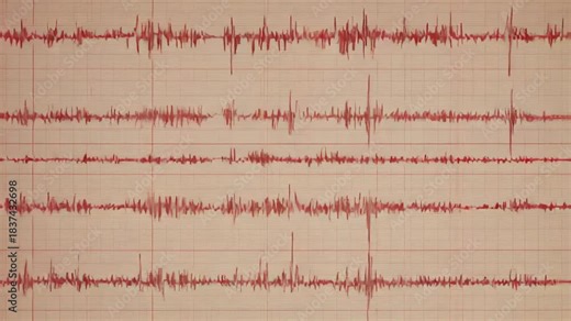 A seismogram recording of seismic activity showing earthquake wave measurements. Scientific data visualization for geology and earth science. Richter scale graph of ground motion