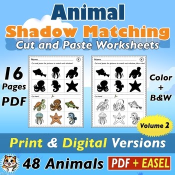 Animal Shadow Matching Cut and Paste Worksheets | Volume 2 | PDF   Easel
