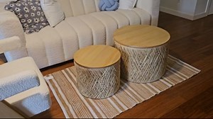 Kmax 24" Round Wood Nesting Coffee Table Set of 2 Handcraft Woven & Rope Rattan Sofa Tables Both with Storage Drum End Side Table for Small Space Living Room No Assembly Needed, Natural Color