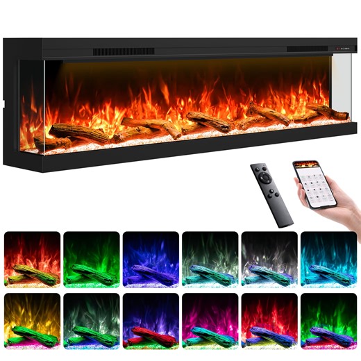 80" 3 Sided Electric Fireplace Inserts, Smart 3D Linear Built-in Fire Places Heater 1500W, Multi-Colors Combinations, APP & Remote Control, Cracking Sound, 9H Timer, Crystal & Log
