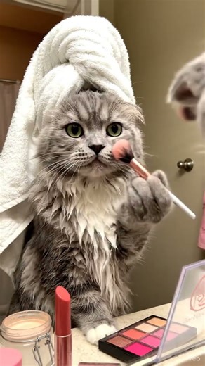 Cat Glow Up After Shower: Towel, Makeup & Attitude 😹💄 #cat