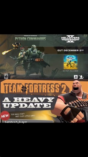 Misha Mikial on Instagram: "IS THIS THE HEAVY UPDATE TEAM FORTRESS FANS HAVE BEEN LONG WAITING FOR?!? The popular PvE game Helldivers 2 has implemented the fantasy of being Team Fortress 2 Heavy. You can now teach tony baby bots, bugs, and squids that you have yet to meet one that can outsmart bullet. Coming December 2nd Heavy will save Super Earth. #tf2 #helldivers2 #memes #gaming #gamingmemes #teamfortress2 #valve #playstation"
