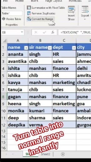 excel trick turn table into normal range #learnwithpriyanka #exceltricks #exceltips #ytshorts #table