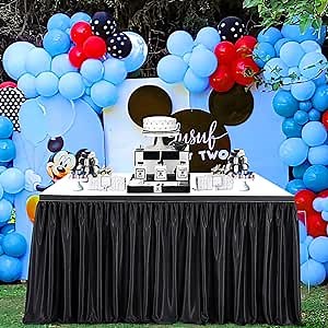 QueenDream Black Polyester Table Skirt Parties Table Skirt Wrinkle Resistant Tablecloth 14ft for Birthday Baby Shower Banquet Event Decorations