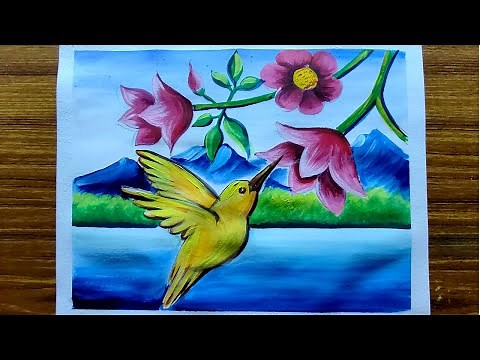 how to draw hummingbird with flower poster color painting,flowers and bird drawing step by step,