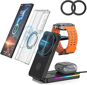 Wireless Charger for Samsung, Magnetic Wireless Charging Station for Samsung Galaxy S25 Ultra/S24/S22/Buds, 3 in 1 Foldable MagSafe Charger for Galaxy Watch Ultra/7/6, for Travel [Mag Ring Included]