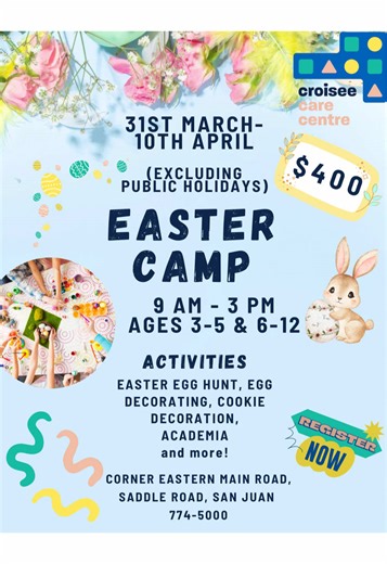 This Easter, give your child more than just fun… give them an experience they’ll never forget 🐣🌸 From exciting Easter egg hunts to creative egg and cookie decorating, our camp is designed to build confidence, creativity, and friendships in a safe and structured environment. Spots are limited — secure your child’s space today! Call us at 774-5000 or visit us at the corner of the Eastern Main Road, Saddle Road, San Juan. #EasterCamp2026 #EasterFun #fypシ゚viral🖤tiktok #PreschoolFun #HolidayCamp