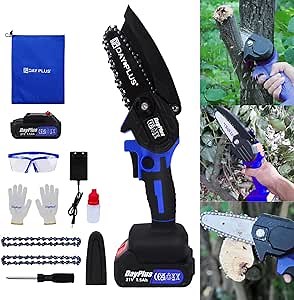 Mini Chainsaw Cordless Electric Chain Saw, Pruning Shears Saw, Portable & Lightweight & 4" One-Hand Handheld for Garden Tree Branch Trimming Wood Cutting(1 Battery, 2 Chains, 1 Charger)